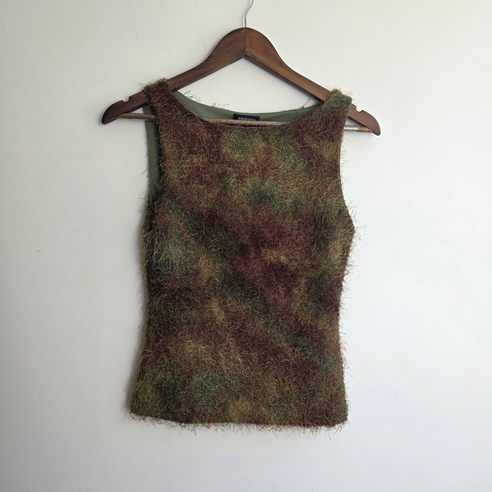 Vintage Y2K Fuzzy Eyelash Knit Camo Tank Top Green Brown M  Eyeshadow   Festival